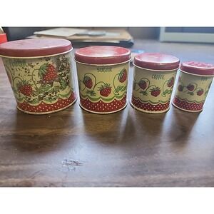 WOLVERINE Strawberry CANISTER Set 8 pc TOY Flour SUGAR Coffee TEA TIN 1950s Mini